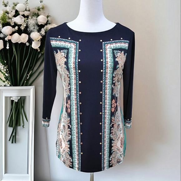 JM Collection Blue Floral Damask Gold Accent Boat Neck Tunic Sz PM - Picture 1 of 8